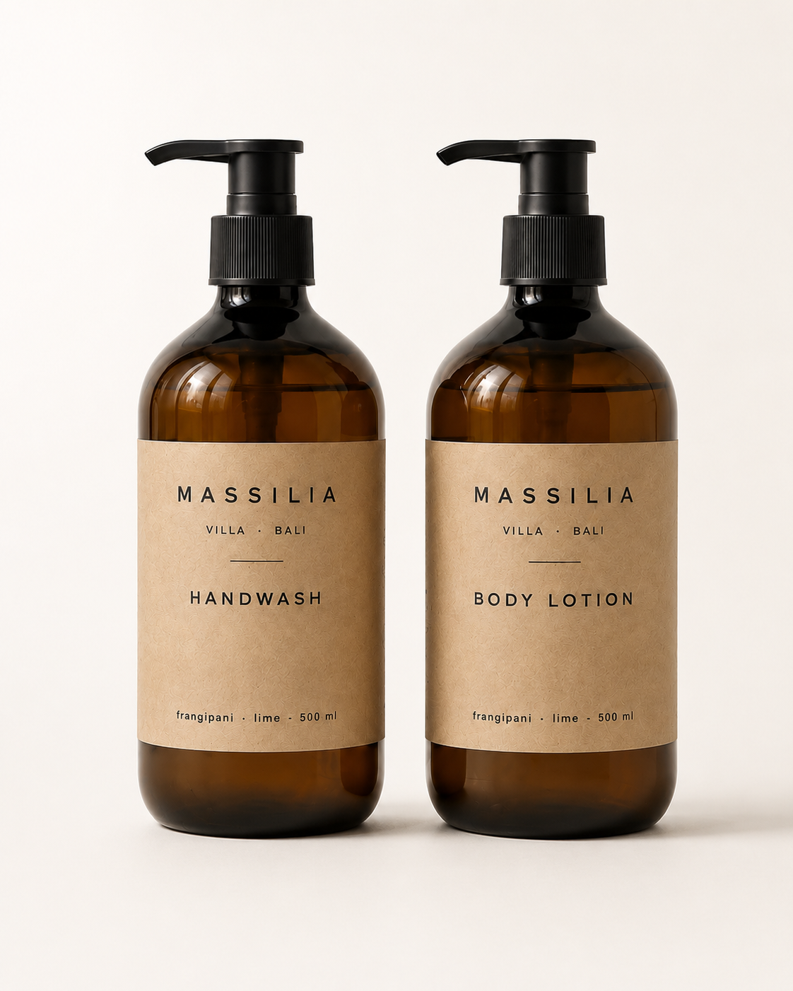 Villa Massilia handwash and body lotion — kraft labels on amber PET