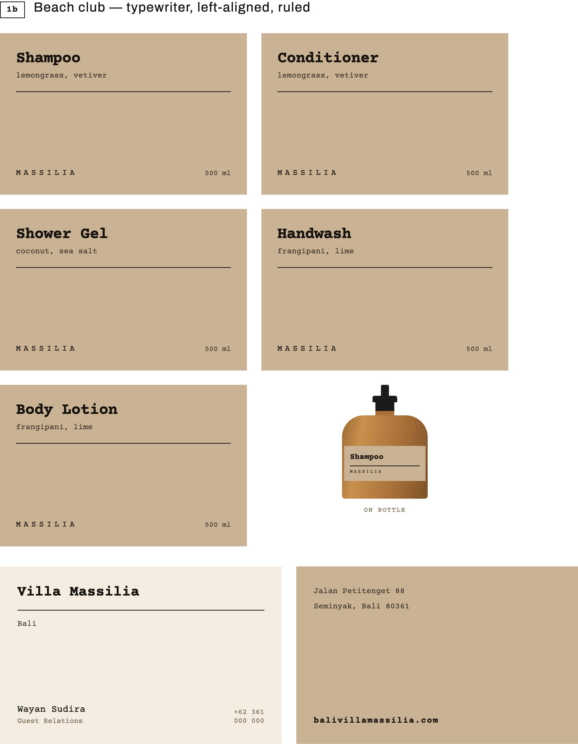 Villa Massilia — typewriter direction, label set left-aligned and ruled